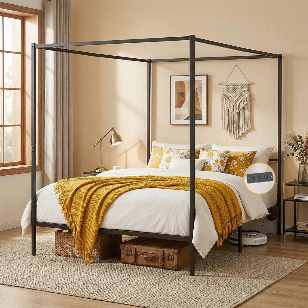 Canopy Bed Frame Metal Queen - 이동식 충전 스테이션이 있는 퀸 사이즈