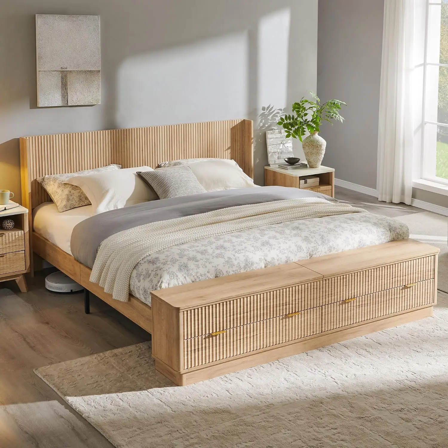 King Size Bed Frame With Storage Drawers - 플루티드 킹사이즈 침대 프레임(헤드보드 및 수납