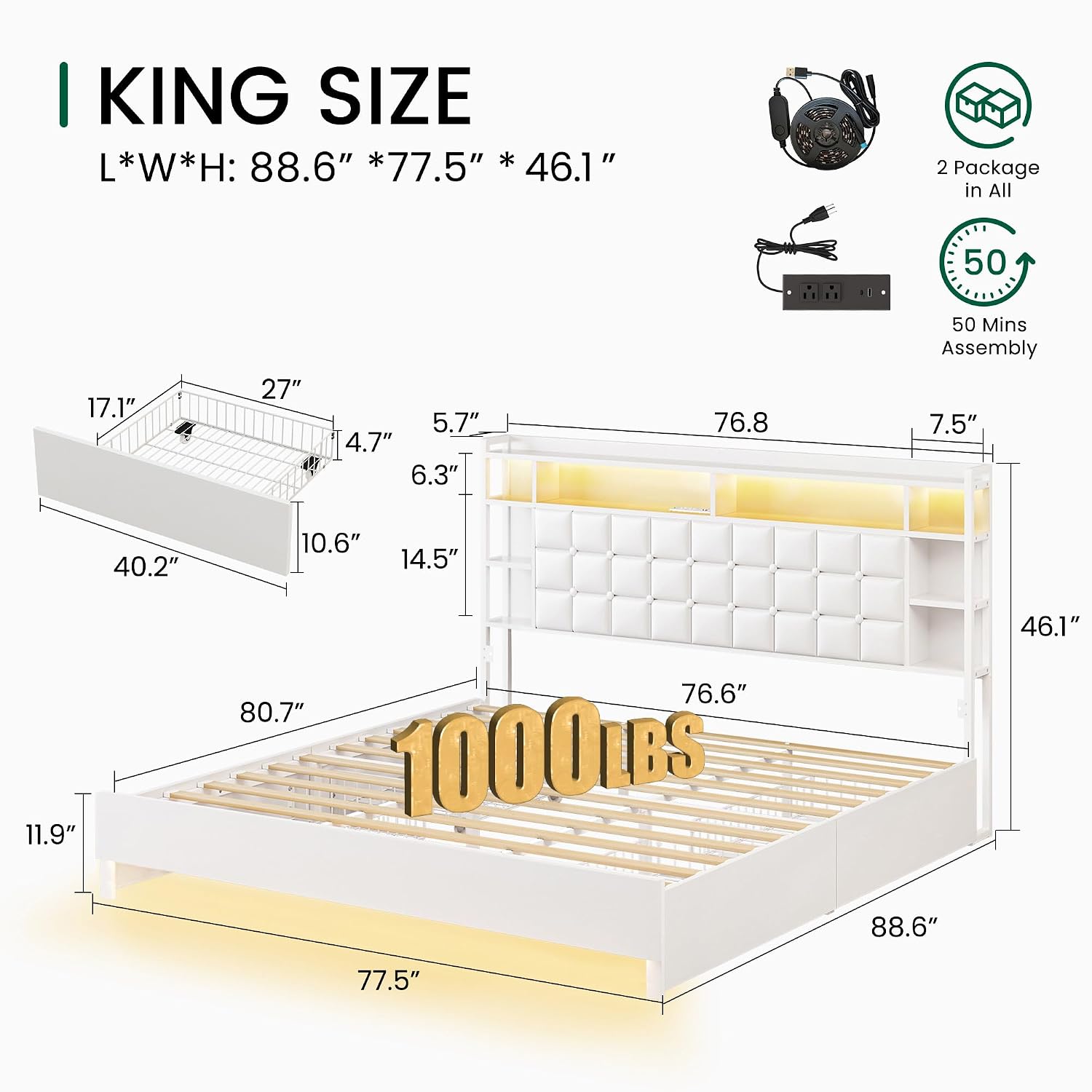 King Size Bed Frame With Storage Drawers - 킹사이즈 원목 침대 프레임, 수납 서랍