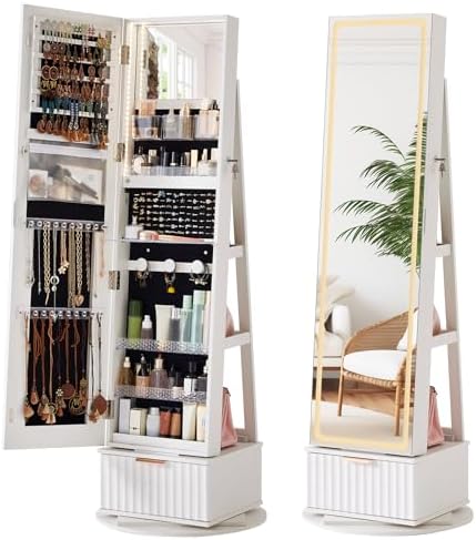 Full Length Mirror Jewelry Armoire - 플루티드 360 ° 회전식 보석함 캐비닛,