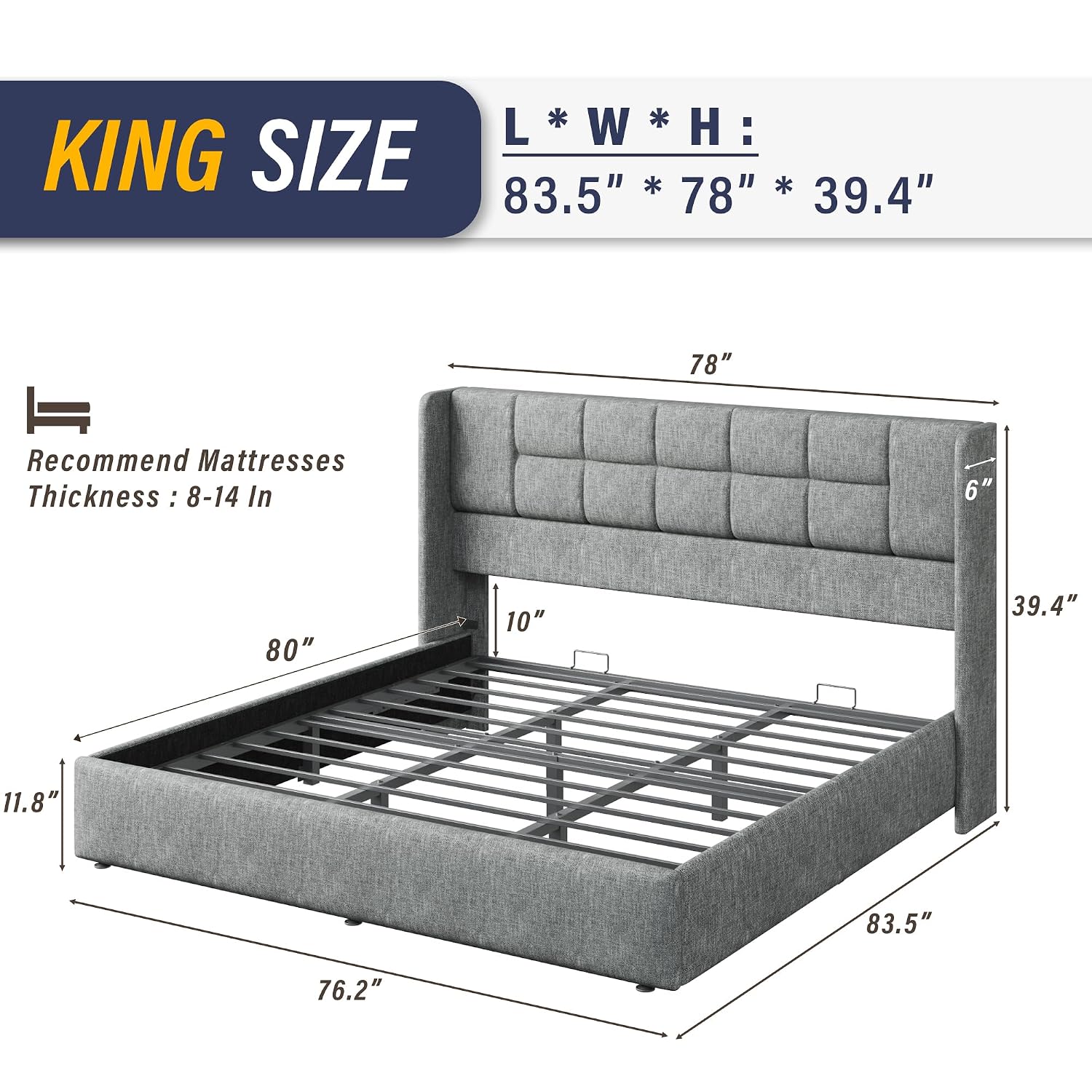 Gas Lift Storage Bed Hydraulic - 킹 사이즈 침대 프레임, 유압식 가스