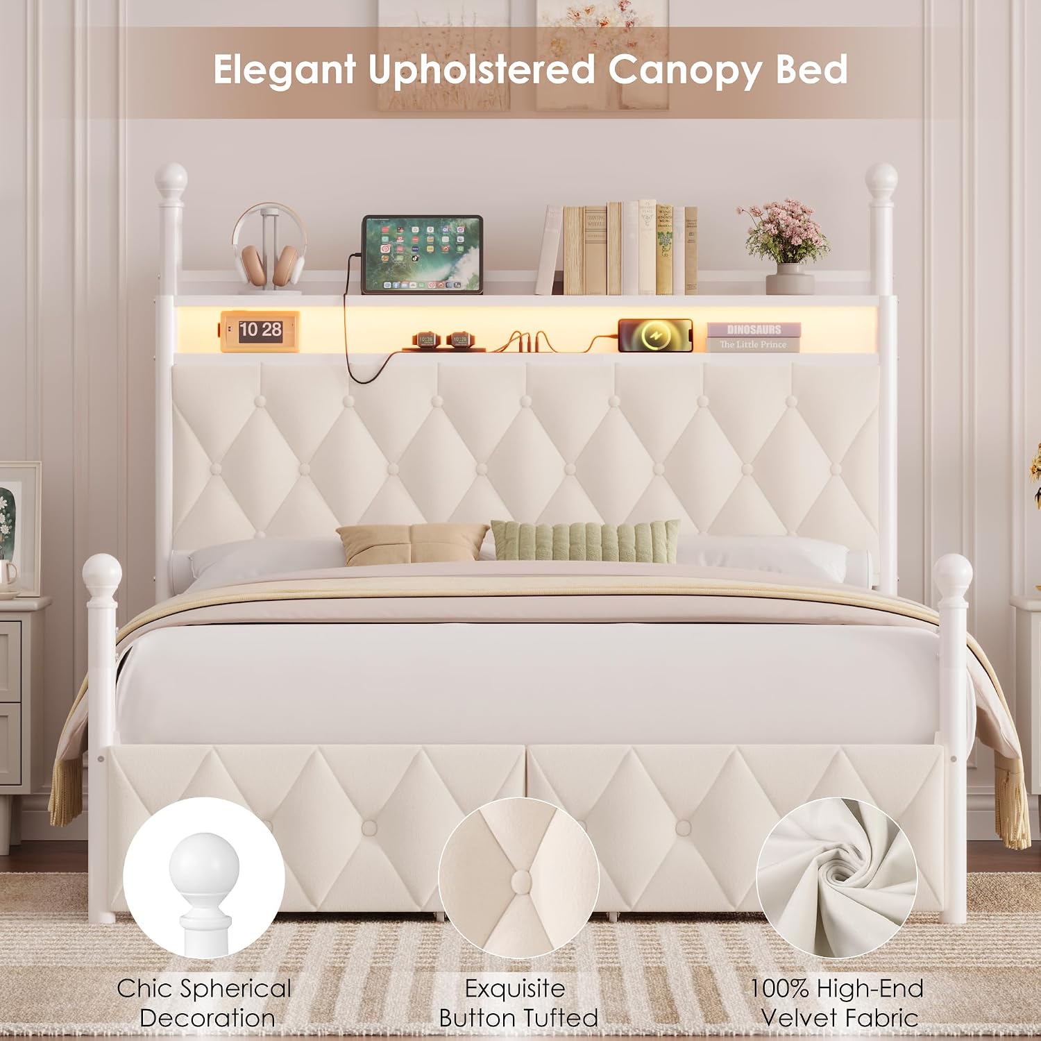 Canopy Bed Frame Metal Queen - 퀸 사이즈 LED 캐노피 침대 프레임,
