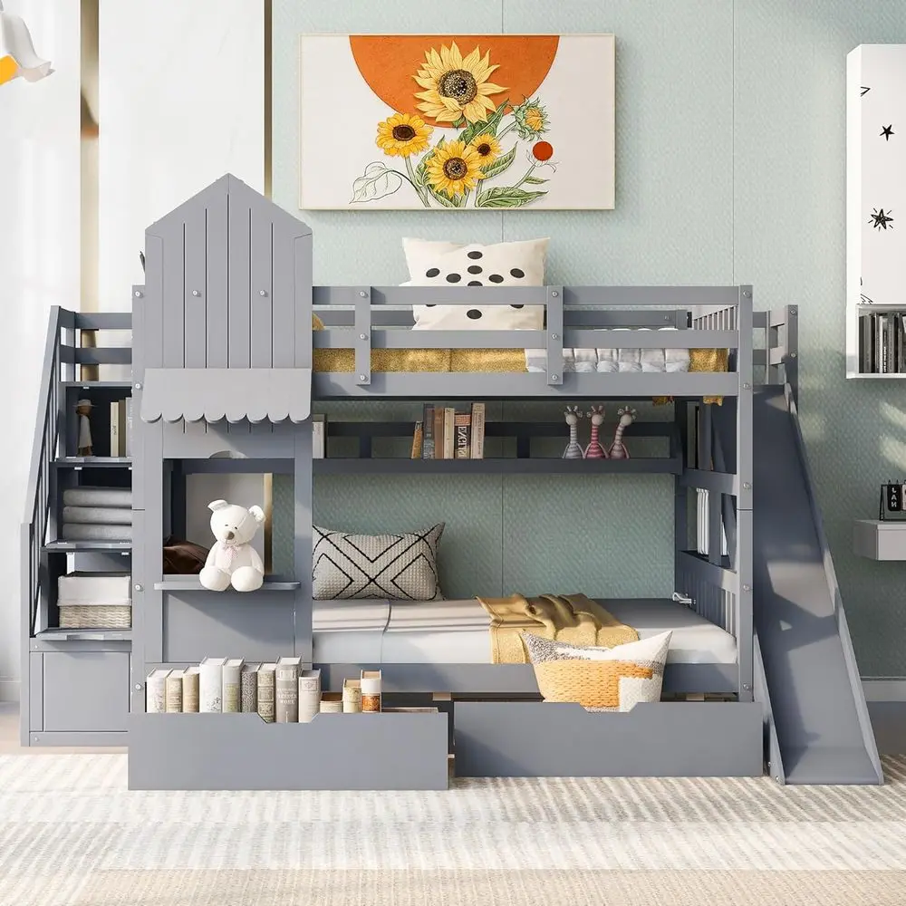 Bunk Bed With Stairs And Slide - 계단, 슬라이드, 수납 서랍, 책장이 포함된