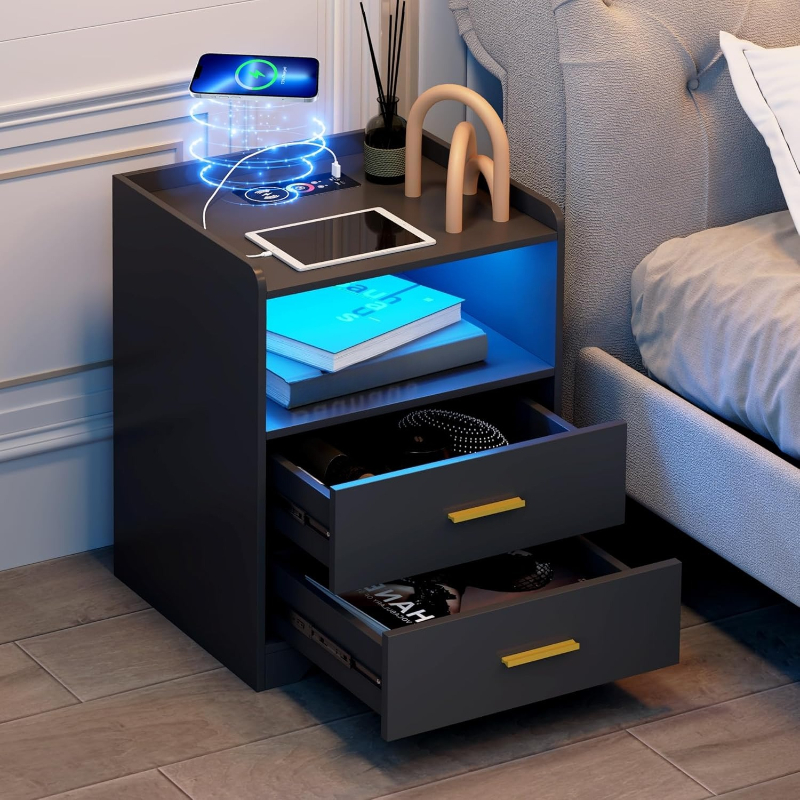 Solid Wood Nightstand 2 Drawers - 충전 스테이션이 있는 블랙 LED 나이트스탠드