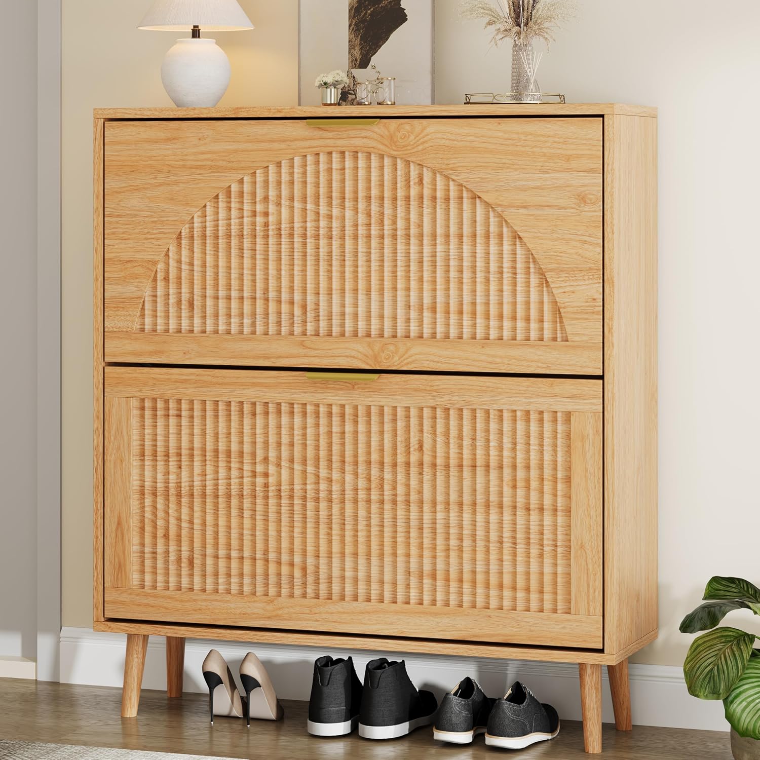 Shoe Rack Cabinet Narrow Entryway - 나무 소재의 신발장, 2개의 접이식 서랍,