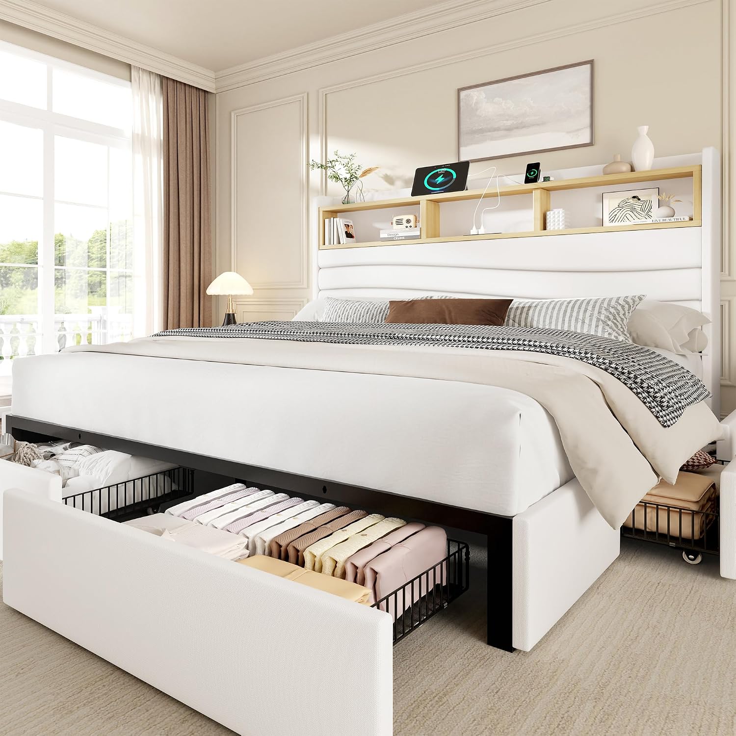 King Size Bed Frame With Storage Drawers - 킹사이즈 침대 프레임(6개 수납 서랍 포함),