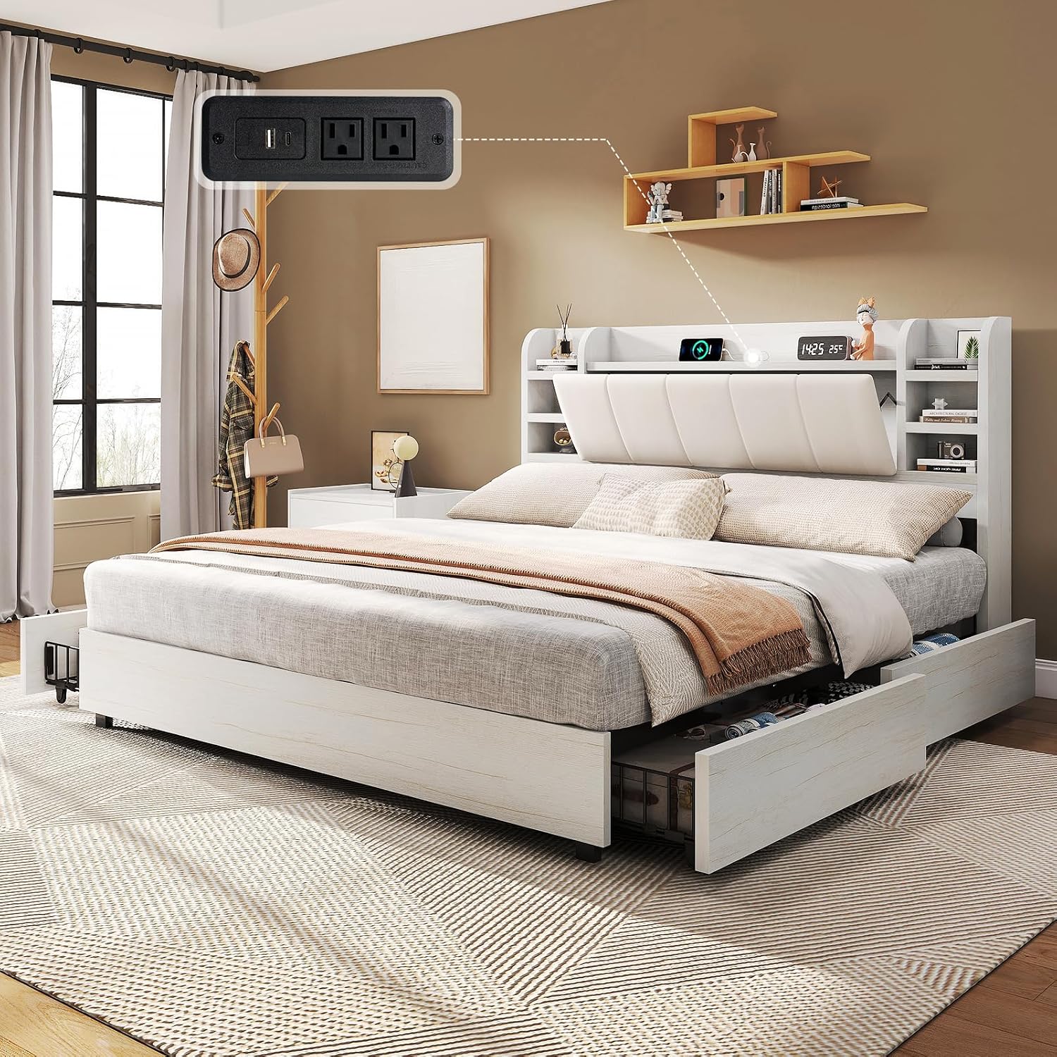 King Size Bed Frame With Storage Drawers - 킹사이즈 덮개형 플랫폼 침대(책장형 헤드보드 및
