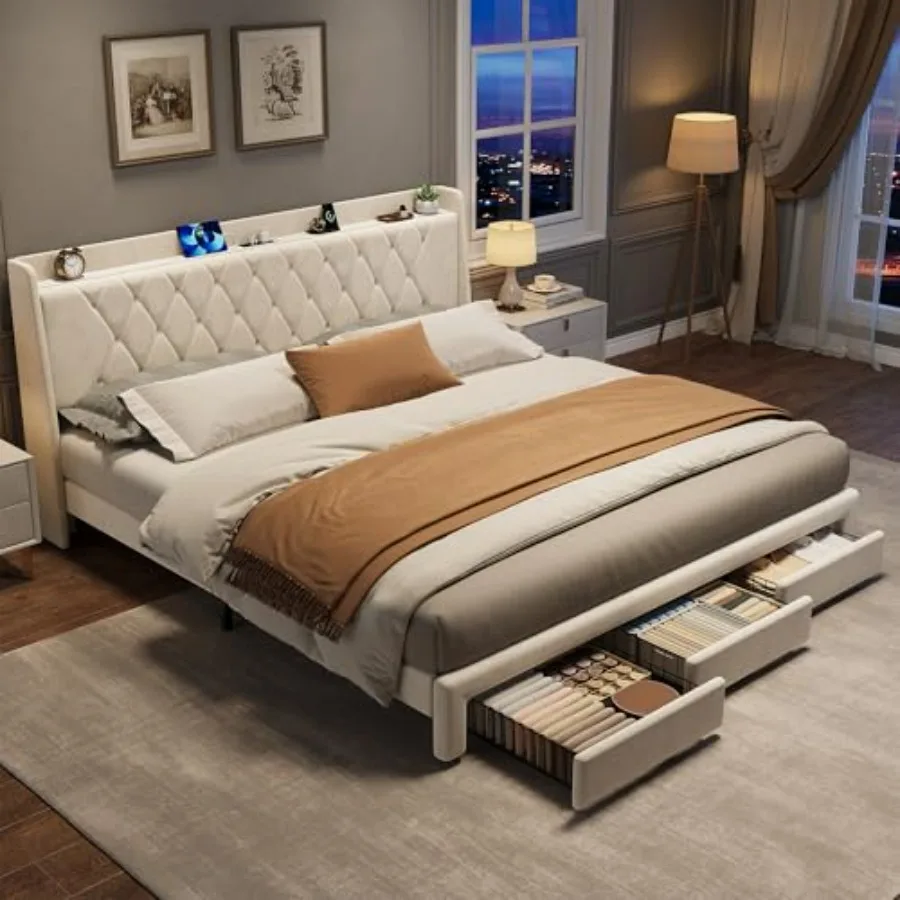 King Size Bed Frame With Storage Drawers - 크리스탈 장식 퀼팅 헤드보드, 3개의 수납