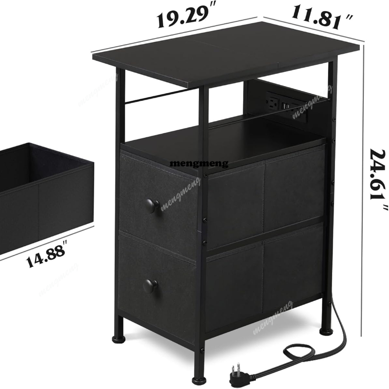 Solid Wood Nightstand 2 Drawers - 충전 스테이션 겸용 엔드 테이블 LED