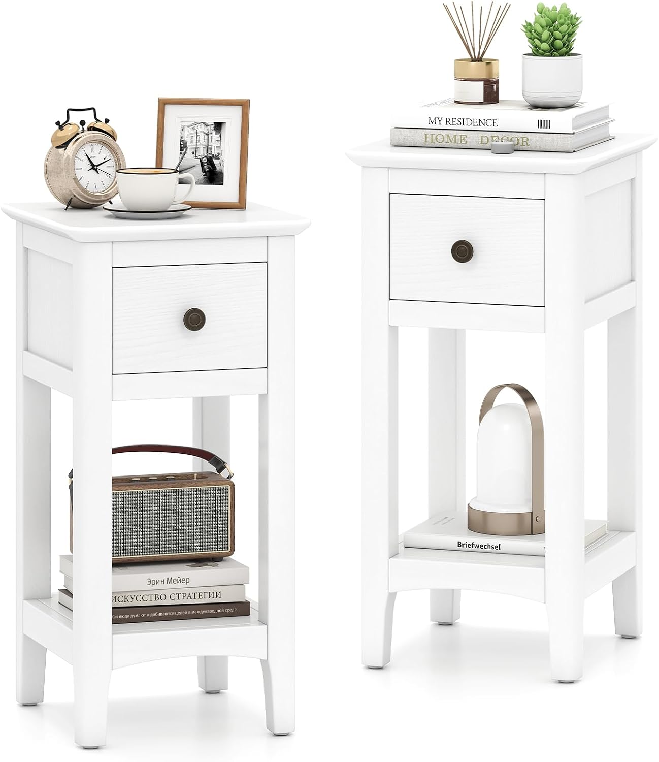 Solid Wood Nightstand 2 Drawers - 좁은 사이드 테이블 2개 세트(서랍 포함),