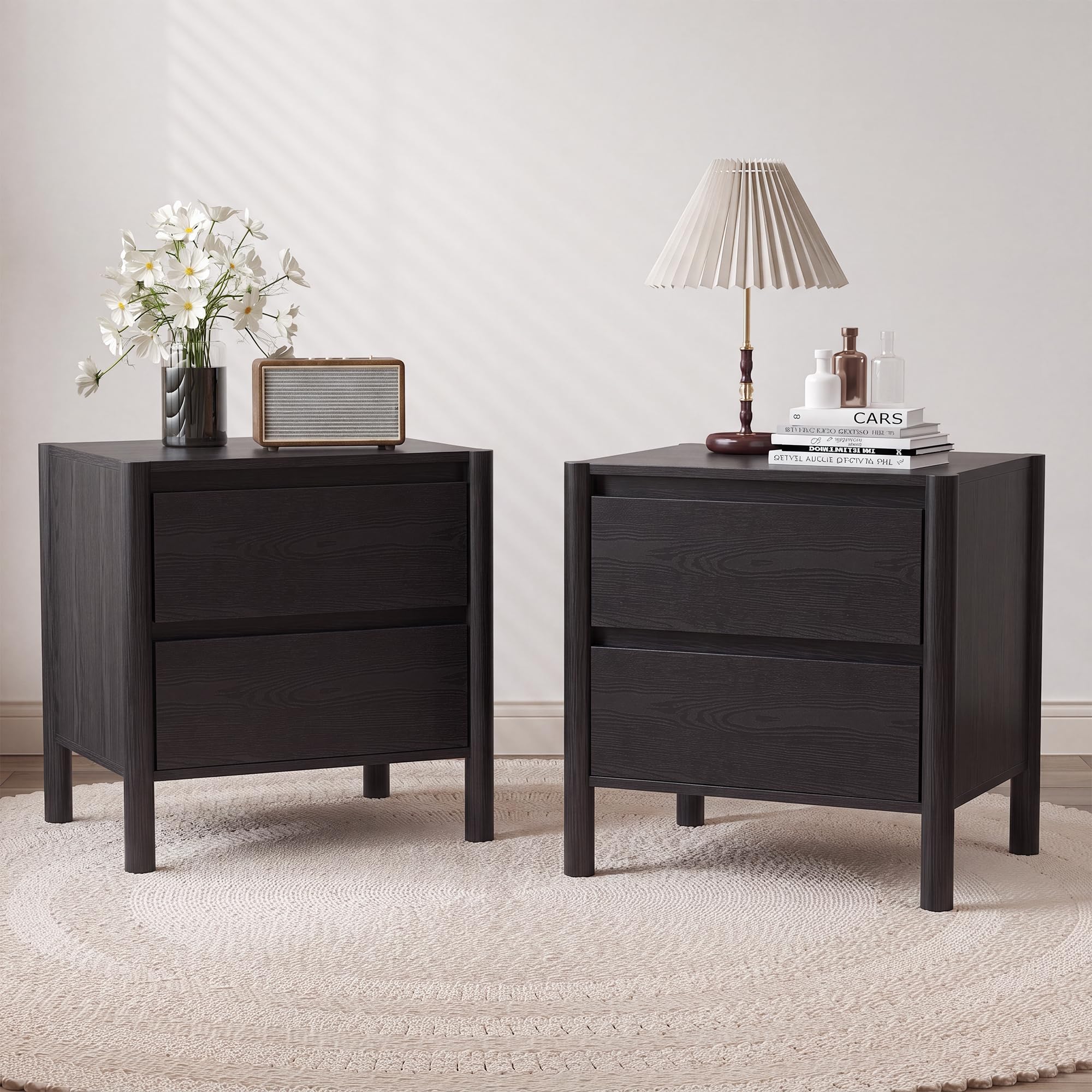 Solid Wood Nightstand 2 Drawers - 미드 센추리 모던 블랙 침실용 협탁