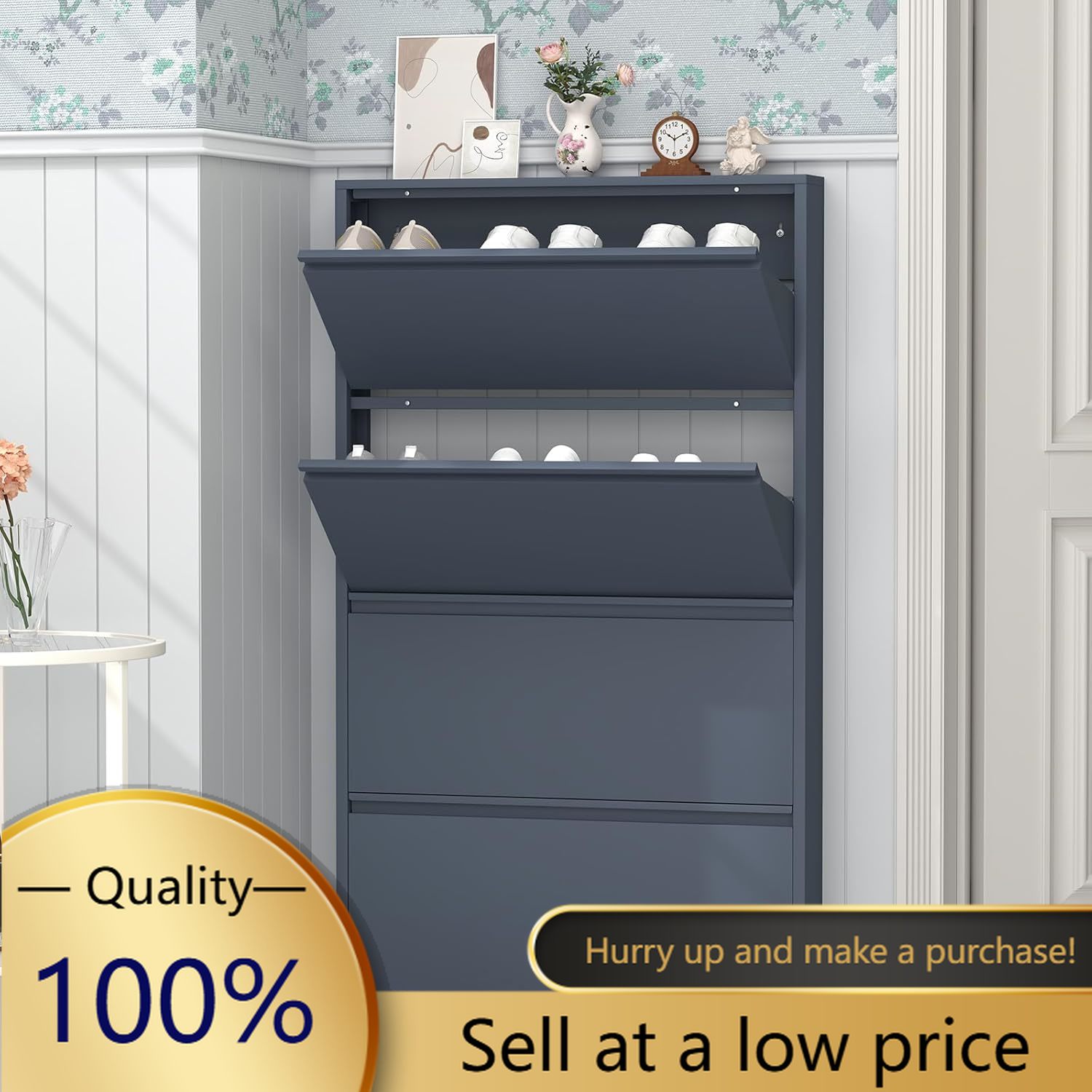 Shoe Rack Cabinet Narrow Entryway - 4개의 플립 서랍이 있는 신발장, 현관용