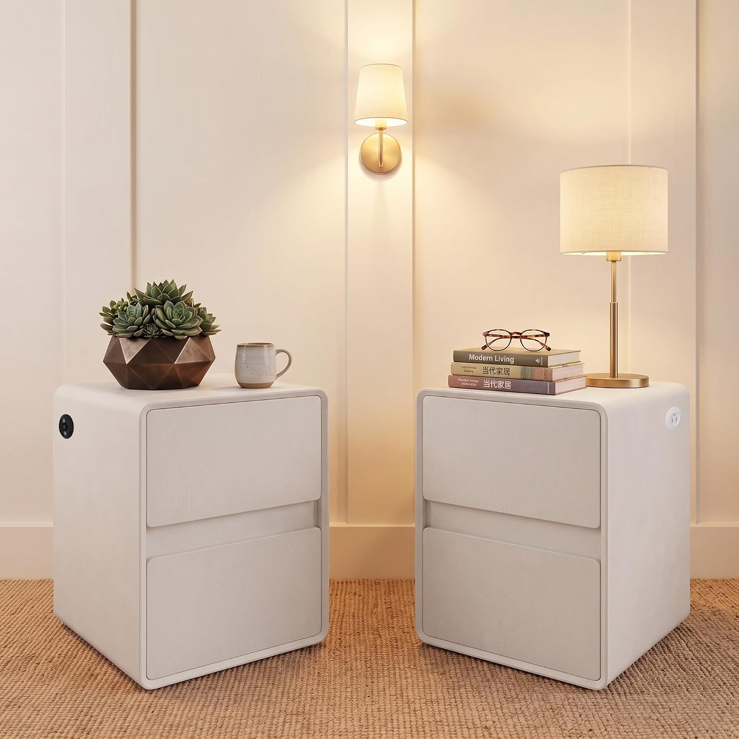 Solid Wood Nightstand 2 Drawers - 모던 가죽 협탁 세트(2개), 원목 침대