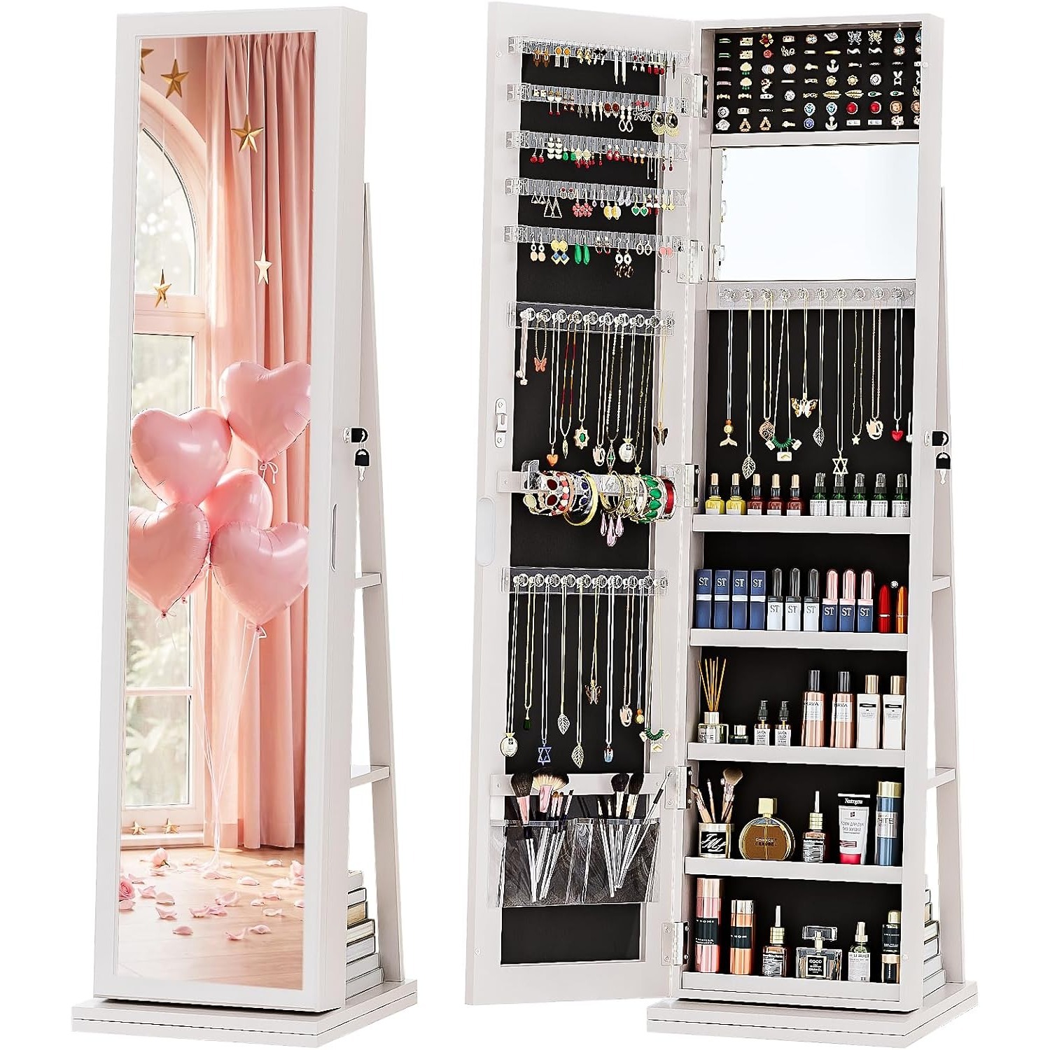 Full Length Mirror Jewelry Armoire - 4-in-1 보석함, 잠금 가능한 스탠딩형 보석장,