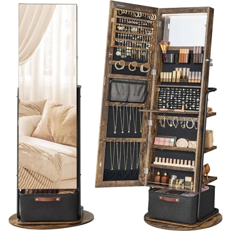 Full Length Mirror Jewelry Armoire - 360 ° 회전식 조명 거울 보석함,