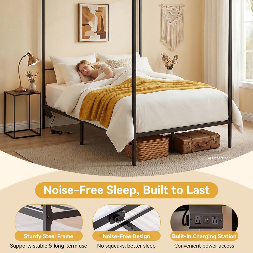 이동식 충전 스테이션이 있는 퀸 사이즈 메탈 캐노피 침 - Canopy Bed Frame Metal Queen 리뷰 및 가격