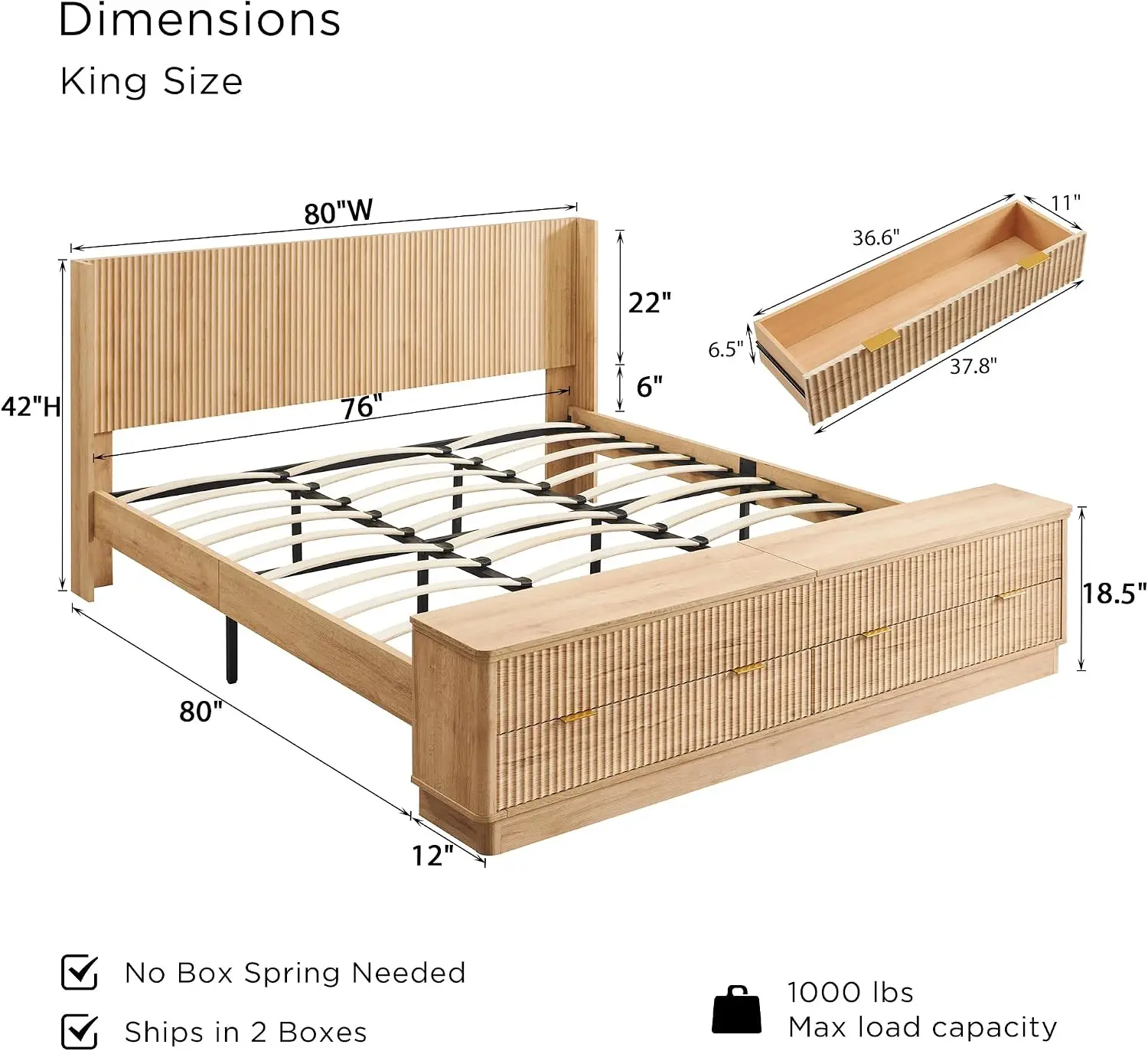 플루티드 킹사이즈 침대 프레임(헤드보드 및 수납 벤치  - King Size Bed Frame With Storage Drawers 리뷰 및 가격