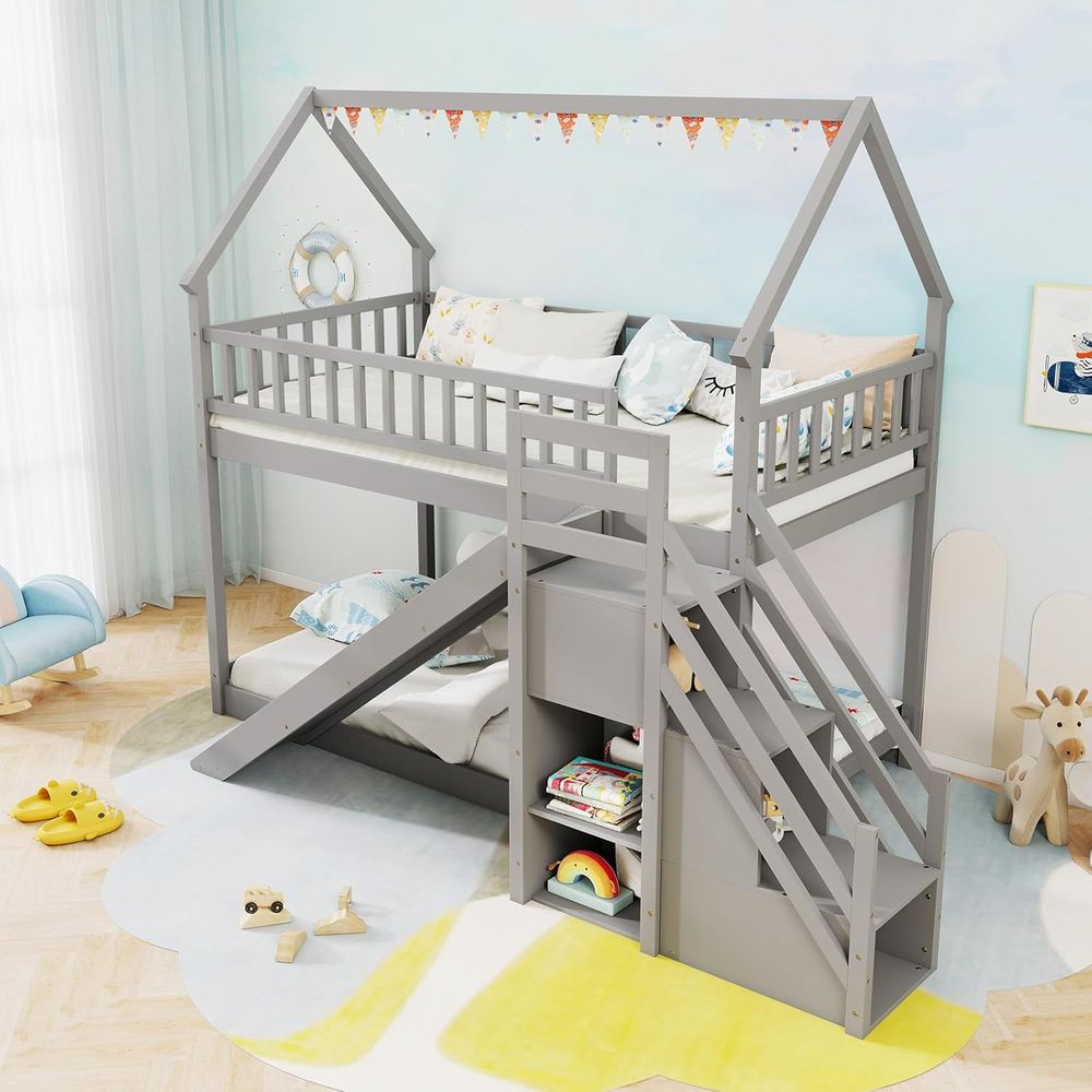 슬라이드와 계단이 있는 트윈 오버 트윈 벙커 침대, 수 - Bunk Bed With Stairs And Slide 리뷰 및 가격