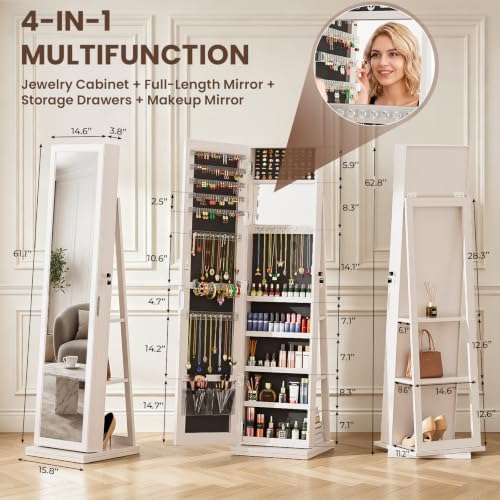 4-in-1 보석함, 잠금장치가 있는 스탠딩형, 흰색  - Full Length Mirror Jewelry Armoire 리뷰 및 가격