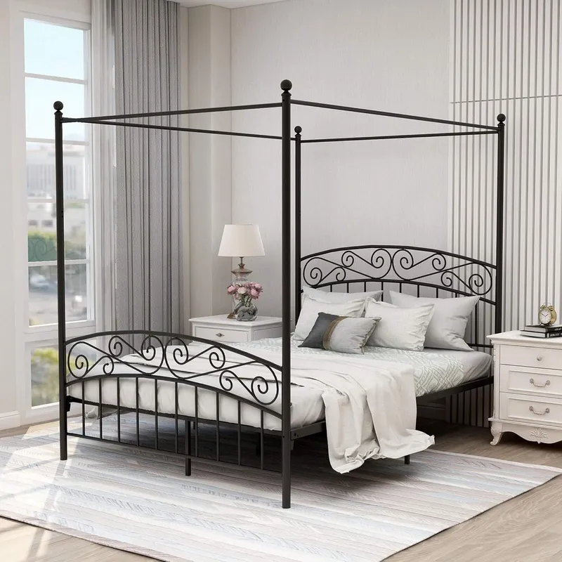퀸 사이즈 캐노피 침대 프레임, 4개의 기둥이 있는 금 - Canopy Bed Frame Metal Queen 리뷰 및 가격