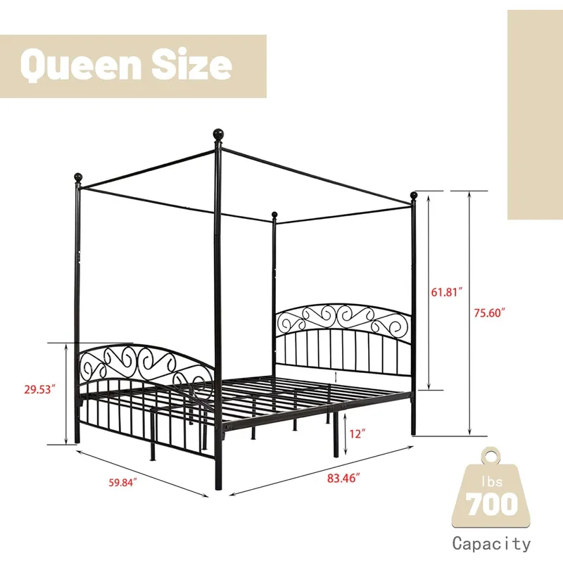 퀸 사이즈 캐노피 침대 프레임, 4개의 기둥이 있는 금 - Canopy Bed Frame Metal Queen 리뷰 및 가격