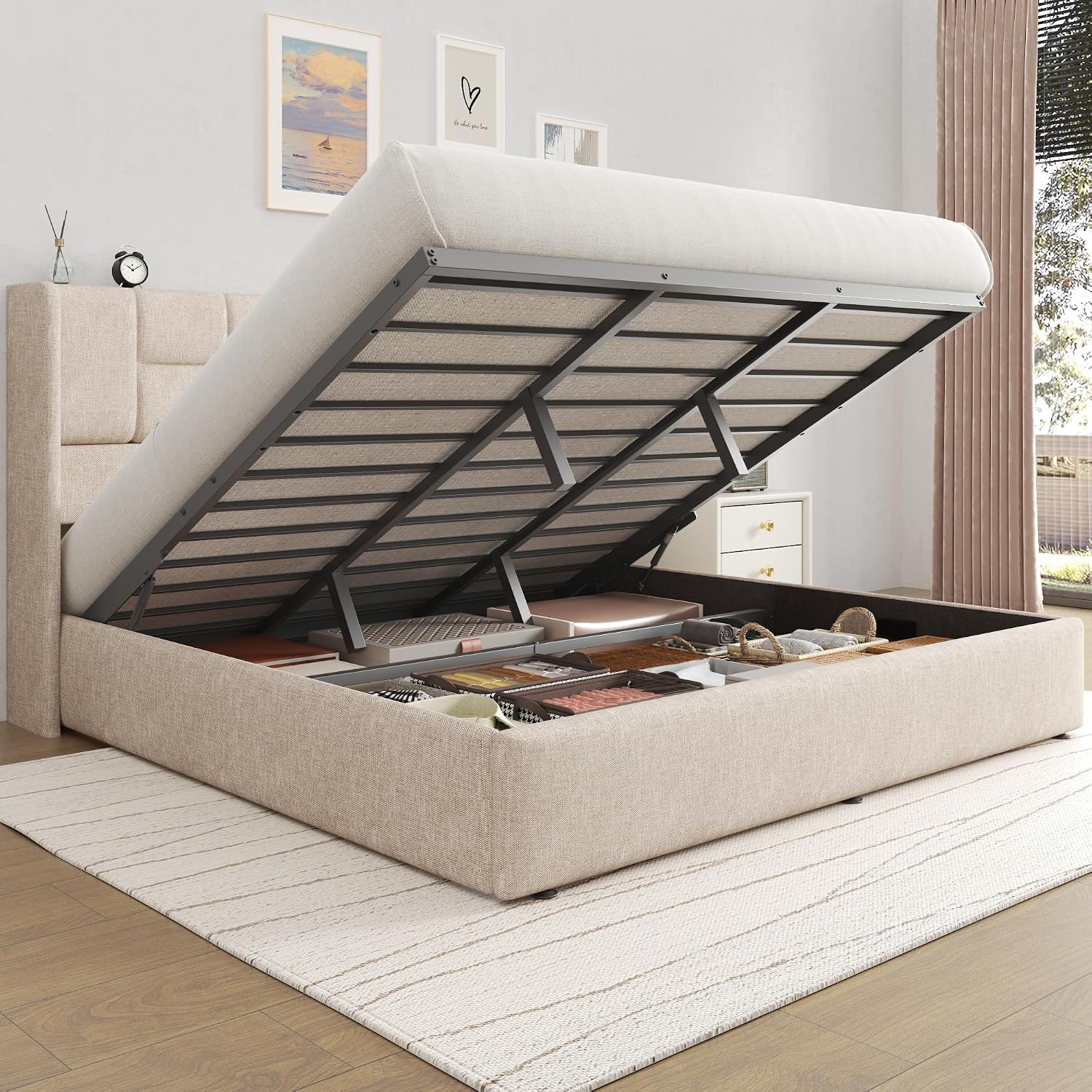 킹 사이즈 침대 프레임, 유압식 가스 리프트업 수납형, - Gas Lift Storage Bed Hydraulic 리뷰 및 가격