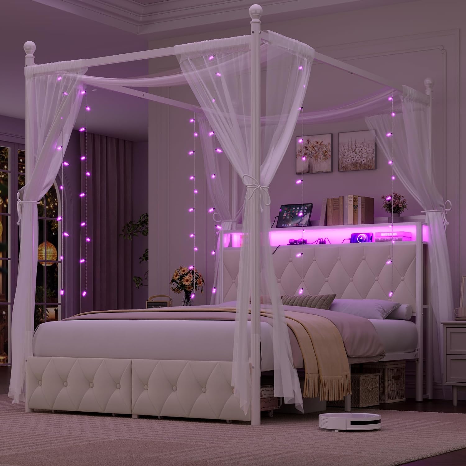 퀸 사이즈 LED 캐노피 침대 프레임, 수납 및 충전  - Canopy Bed Frame Metal Queen 리뷰 및 가격