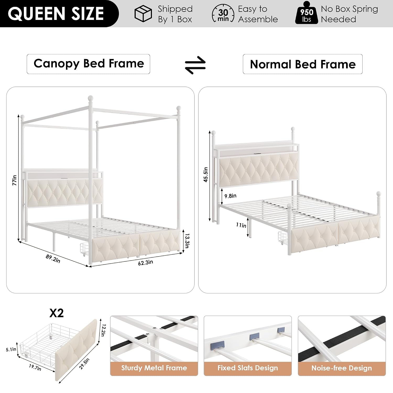 퀸 사이즈 LED 캐노피 침대 프레임, 수납 및 충전  - Canopy Bed Frame Metal Queen 리뷰 및 가격