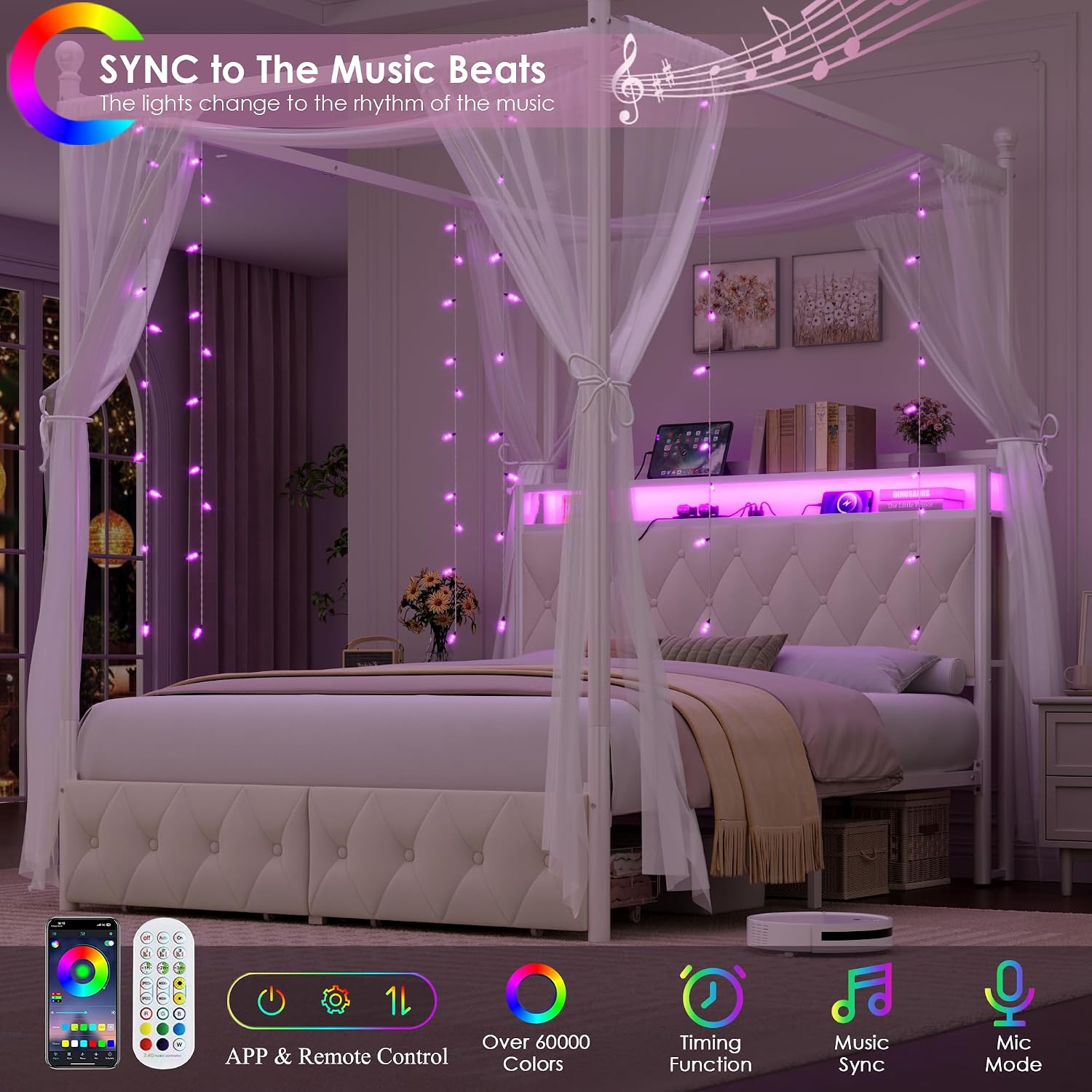 퀸 사이즈 LED 캐노피 침대 프레임, 수납 및 충전  - Canopy Bed Frame Metal Queen 리뷰 및 가격