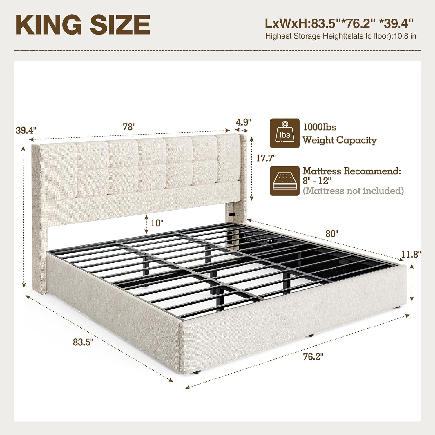 린넨 커버 킹사이즈 침대 프레임, 유압식 가스 리프트  - Gas Lift Storage Bed Hydraulic 리뷰 및 가격