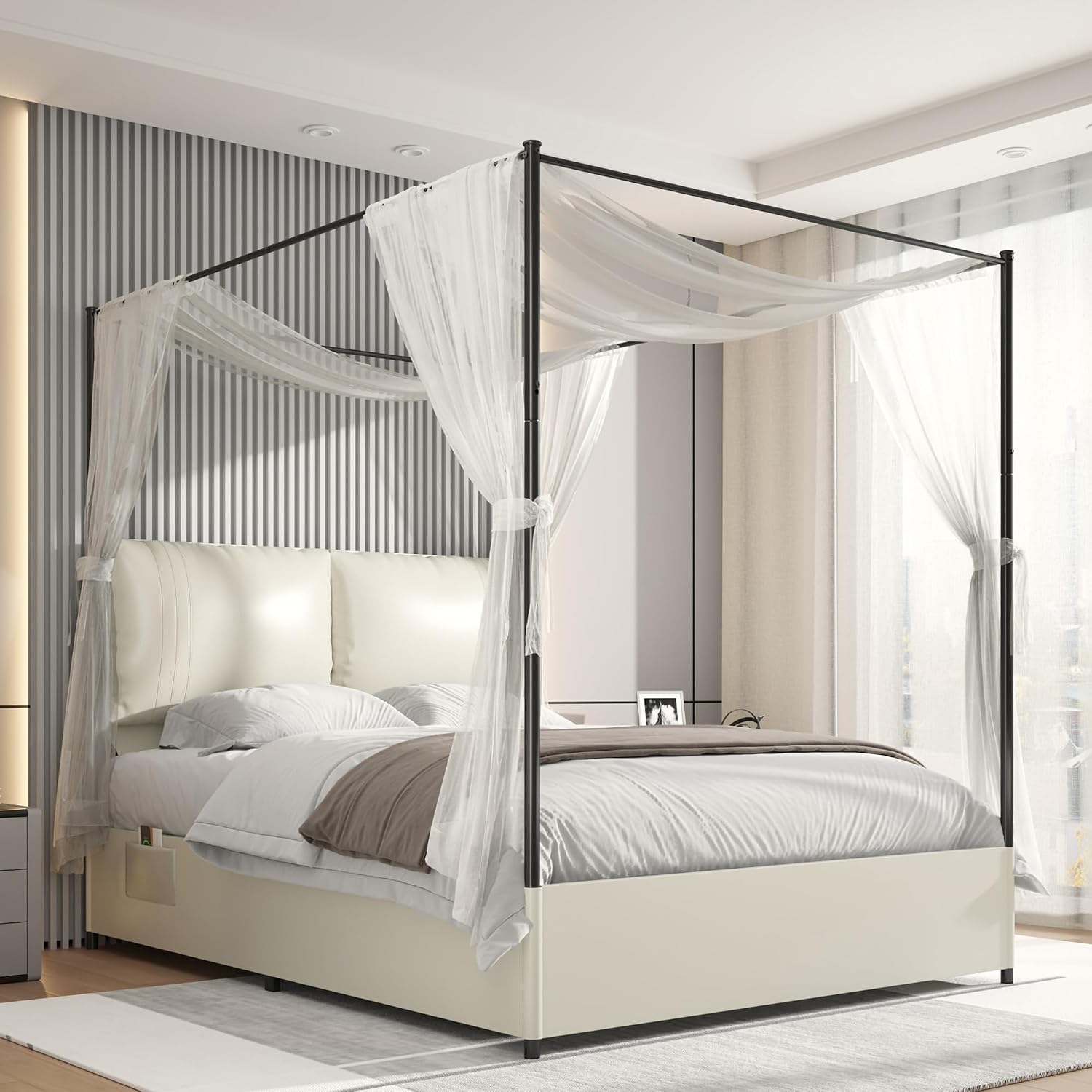 퀸 캐노피 침대 프레임, 패브릭 헤드보드, 금속 지지대 - Canopy Bed Frame Metal Queen 리뷰 및 가격