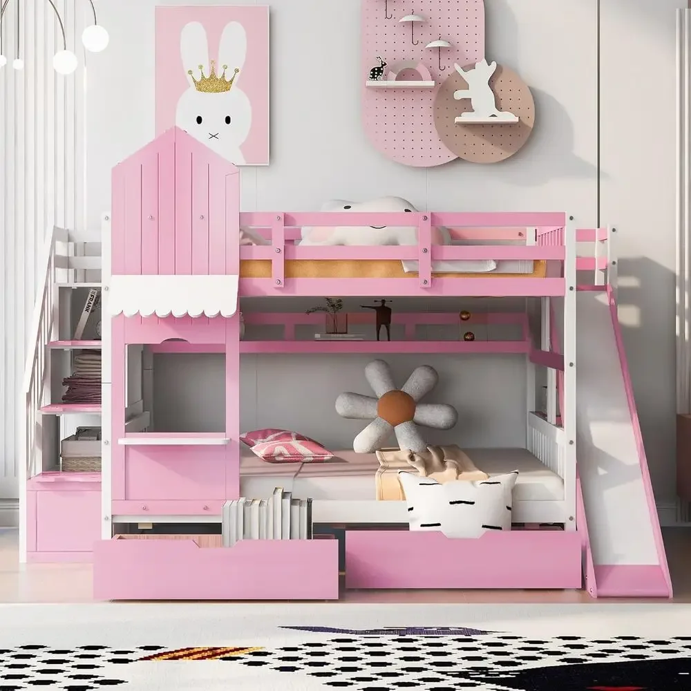 계단, 슬라이드, 수납 서랍이 있는 어린이 이층 침대, - Bunk Bed With Stairs And Slide 리뷰 및 가격