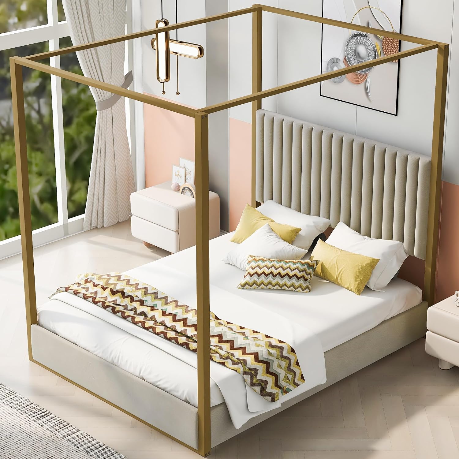 현대적인 디자인의 4포스터 침대, 퀸 사이즈, 퀼팅 처 - Canopy Bed Frame Metal Queen 리뷰 및 가격