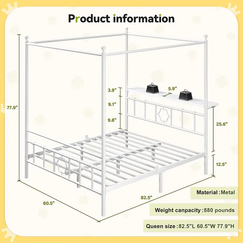 퀸 사이즈 침대 프레임, 수납 공간이 있는 헤드보드,  - Canopy Bed Frame Metal Queen 리뷰 및 가격