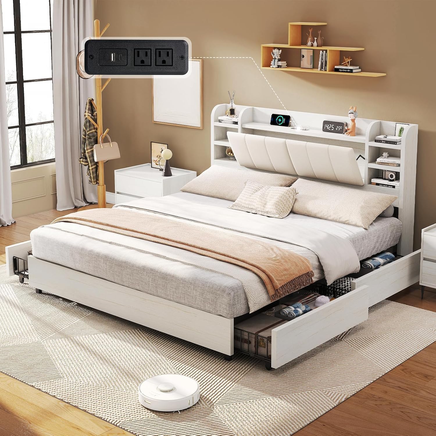 킹사이즈 덮개형 플랫폼 침대(책장형 헤드보드 및 4개  - King Size Bed Frame With Storage Drawers 리뷰 및 가격