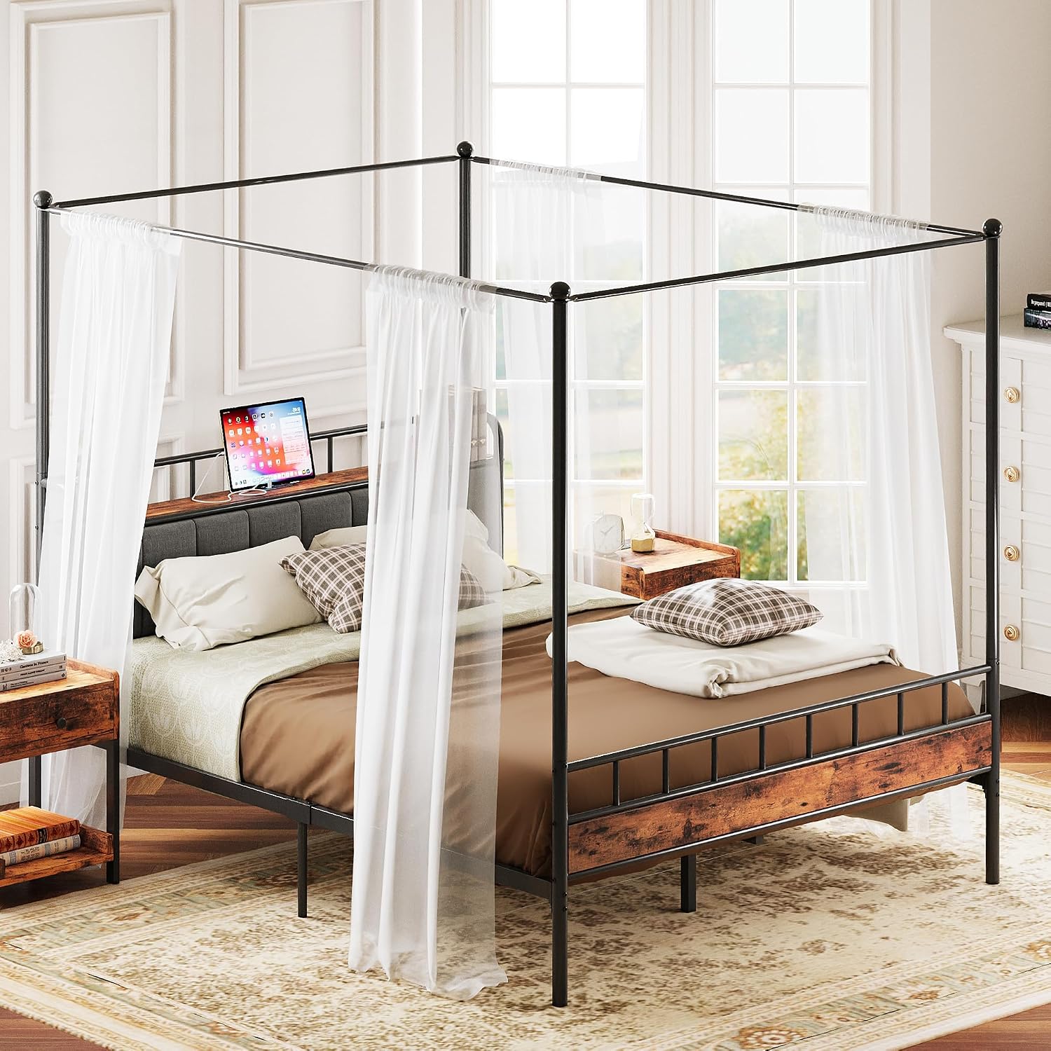 퀸 캐노피 침대 프레임 수납형 헤드보드 충전 스테이션  - Canopy Bed Frame Metal Queen 리뷰 및 가격