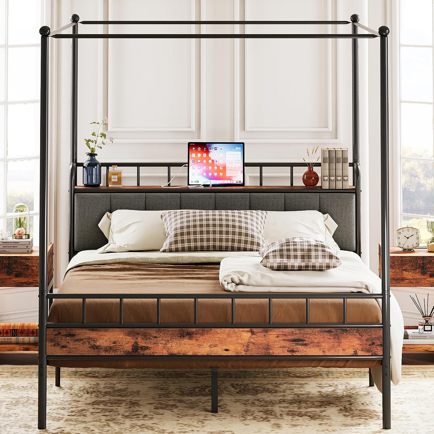 퀸 캐노피 침대 프레임 수납형 헤드보드 충전 스테이션  - Canopy Bed Frame Metal Queen 리뷰 및 가격