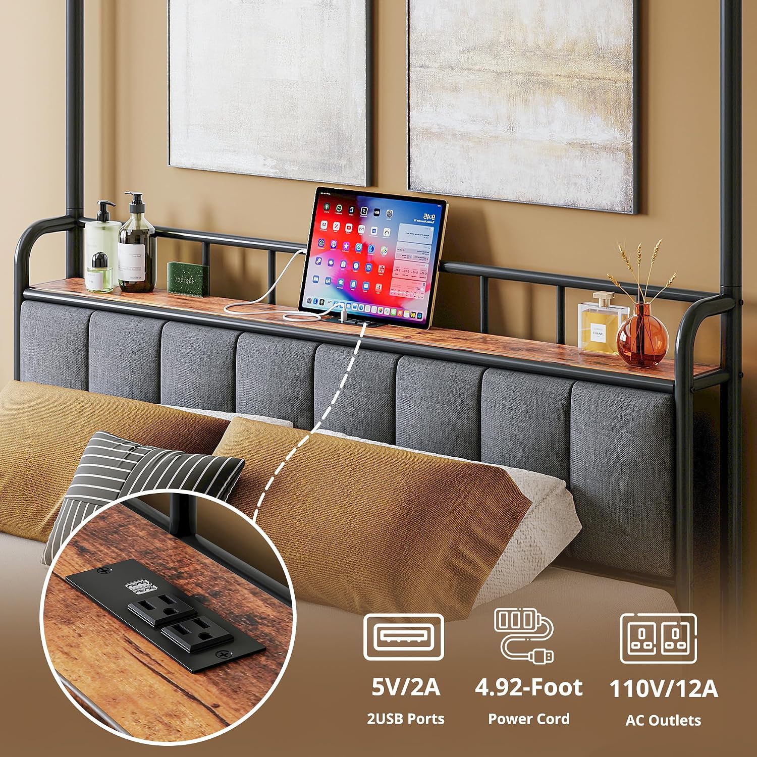 퀸 캐노피 침대 프레임 수납형 헤드보드 충전 스테이션  - Canopy Bed Frame Metal Queen 리뷰 및 가격