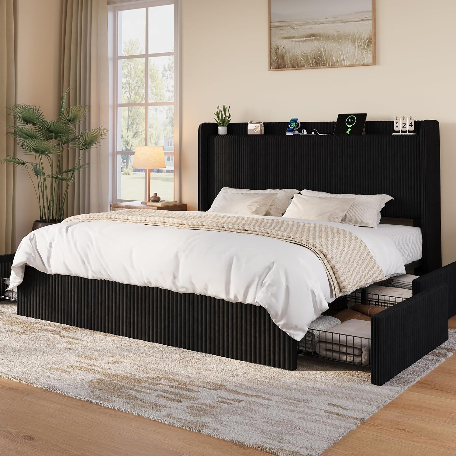 킹사이즈 침대 프레임, 대형 수납 서랍 4개 포함, 블 - King Size Bed Frame With Storage Drawers 리뷰 및 가격