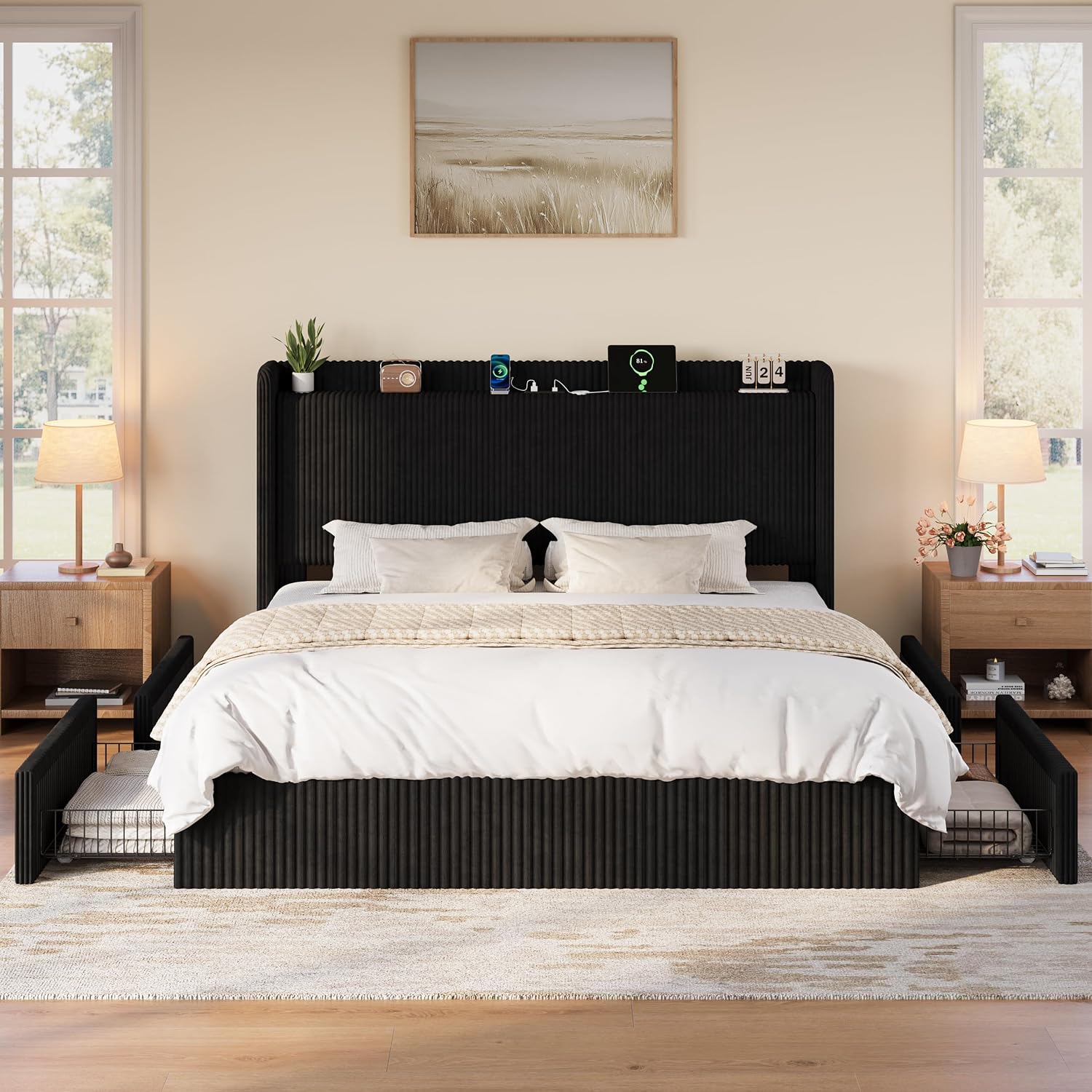 킹사이즈 침대 프레임, 대형 수납 서랍 4개 포함, 블 - King Size Bed Frame With Storage Drawers 리뷰 및 가격