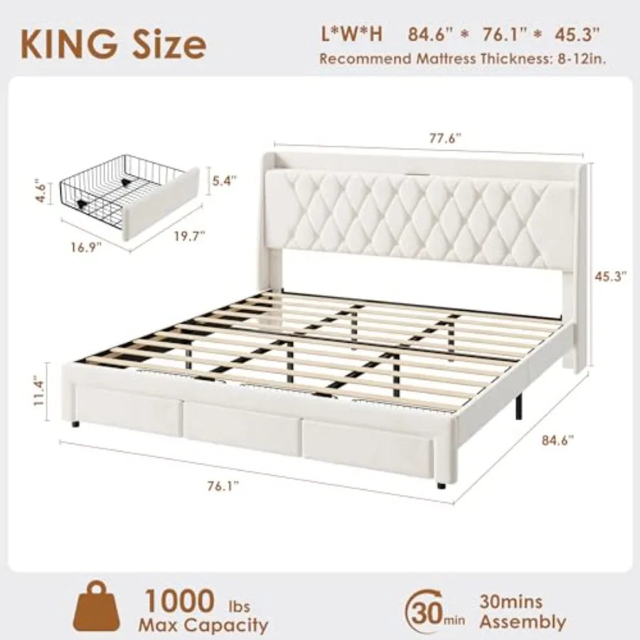 크리스탈 장식 퀼팅 헤드보드, 3개의 수납 서랍, 내장 - King Size Bed Frame With Storage Drawers 리뷰 및 가격