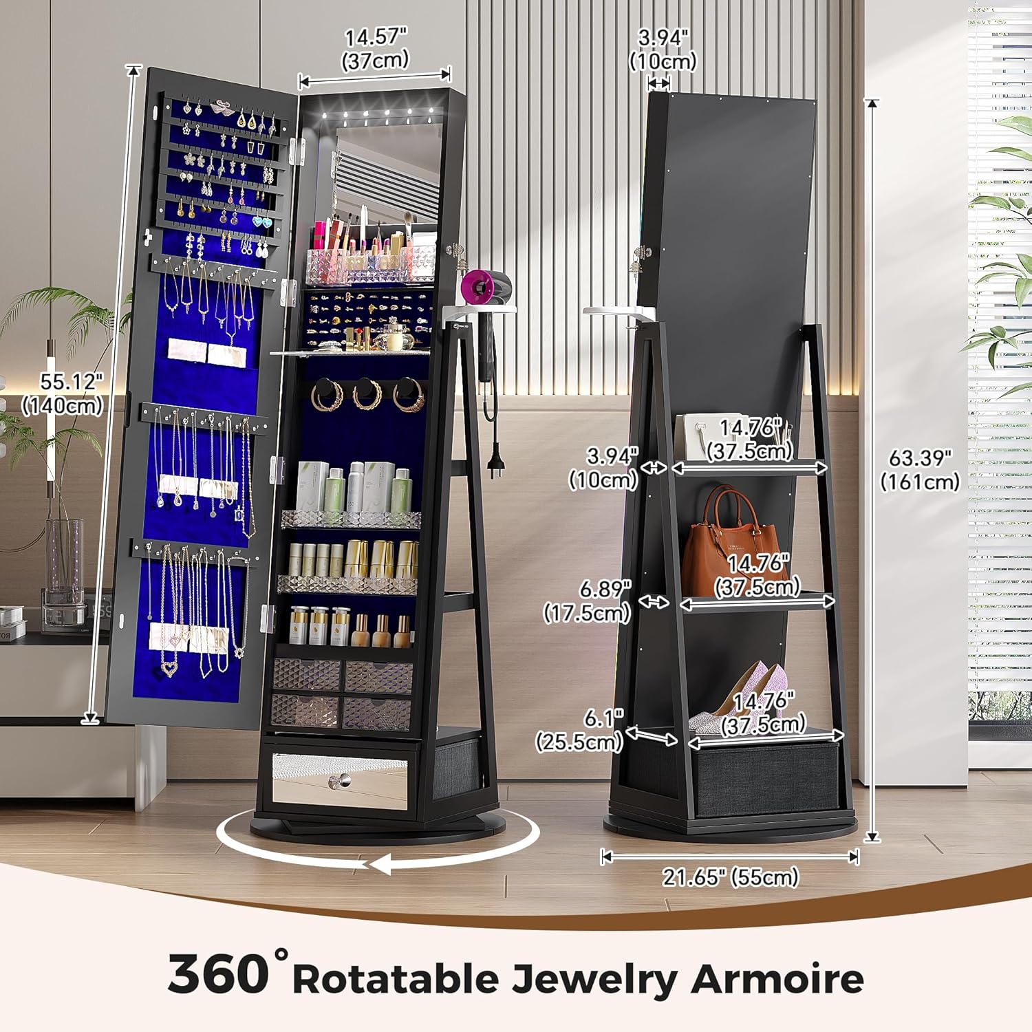 LED 전신 거울이 있는 보석 보관 캐비닛, 360 ° - Full Length Mirror Jewelry Armoire 리뷰 및 가격
