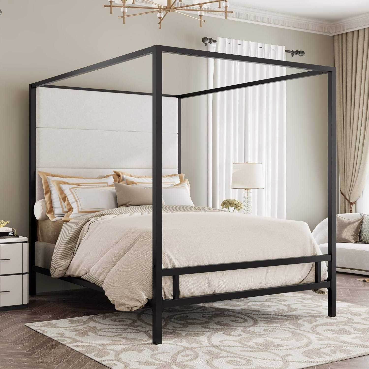퀸 침대 프레임, 금속 4포스터 디자인, 패브릭 헤드보 - Canopy Bed Frame Metal Queen 리뷰 및 가격