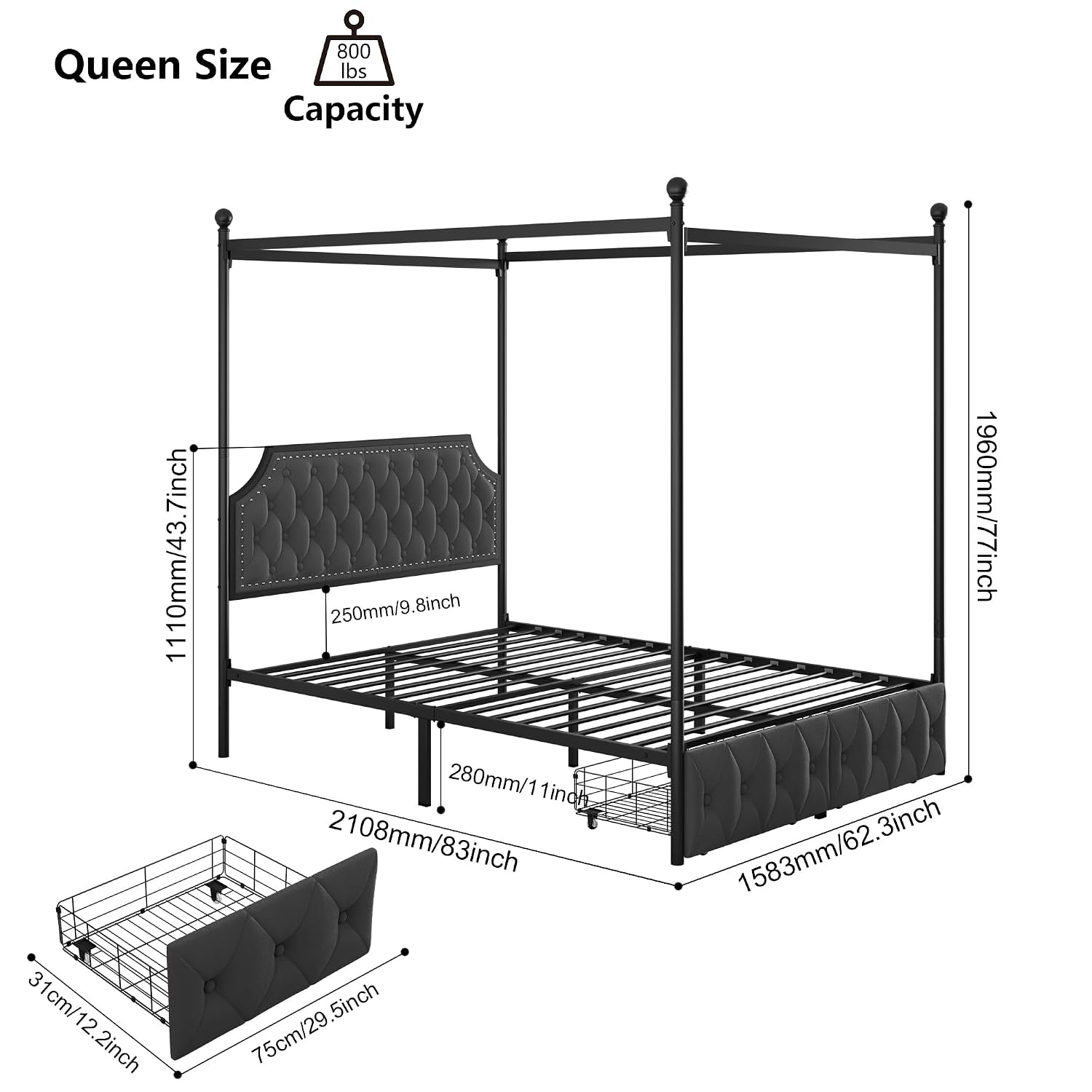 수납 서랍과 퀼팅 처리된 헤드보드가 있는 퀸 사이즈 침 - Canopy Bed Frame Metal Queen 리뷰 및 가격