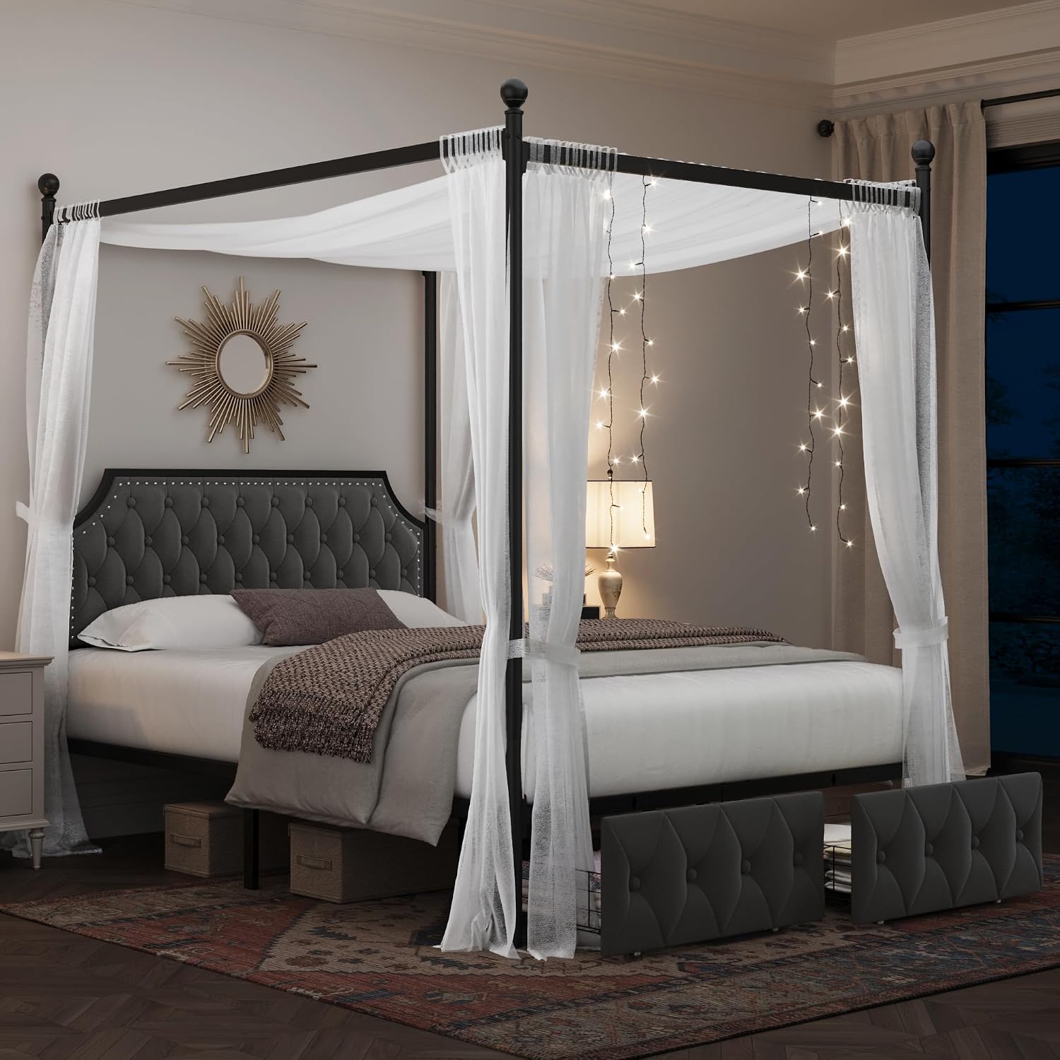 수납 서랍과 퀼팅 처리된 헤드보드가 있는 퀸 사이즈 침 - Canopy Bed Frame Metal Queen 리뷰 및 가격