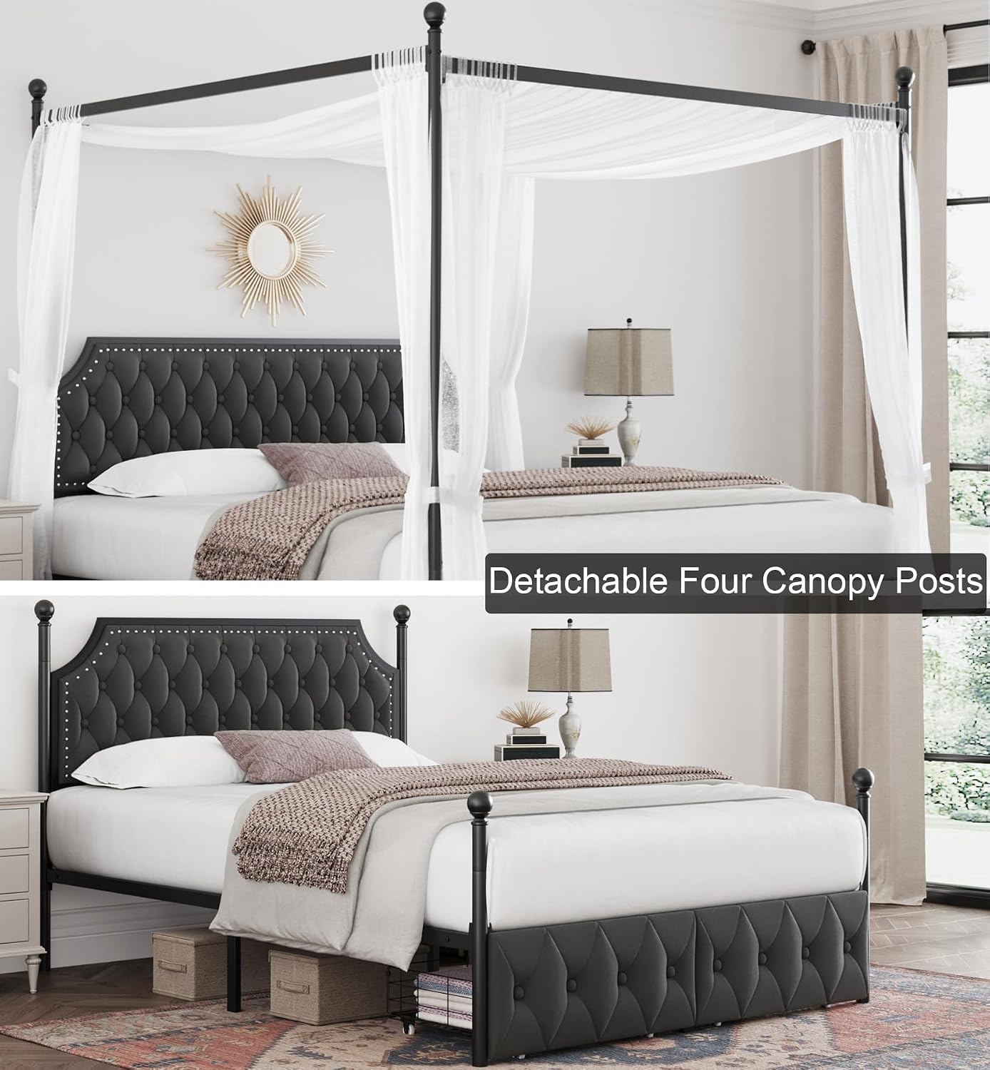 수납 서랍과 퀼팅 처리된 헤드보드가 있는 퀸 사이즈 침 - Canopy Bed Frame Metal Queen 리뷰 및 가격