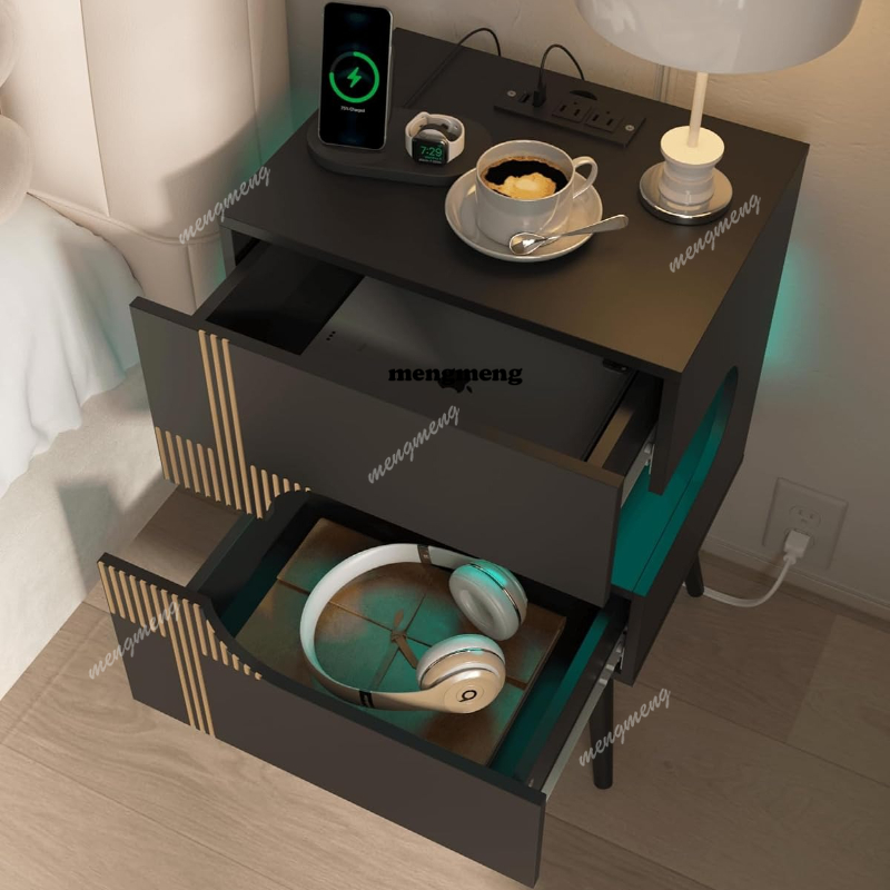 충전 스테이션이 있는 블랙 나이트스탠드 및 LED 조명 - Solid Wood Nightstand 2 Drawers 리뷰 및 가격