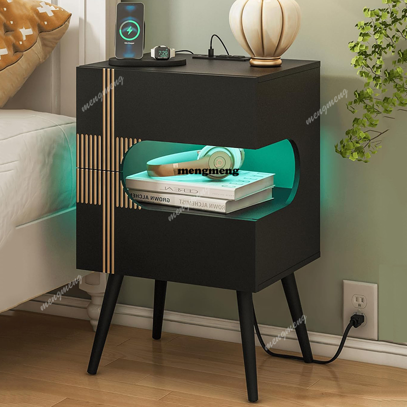 충전 스테이션이 있는 블랙 나이트스탠드 및 LED 조명 - Solid Wood Nightstand 2 Drawers 리뷰 및 가격