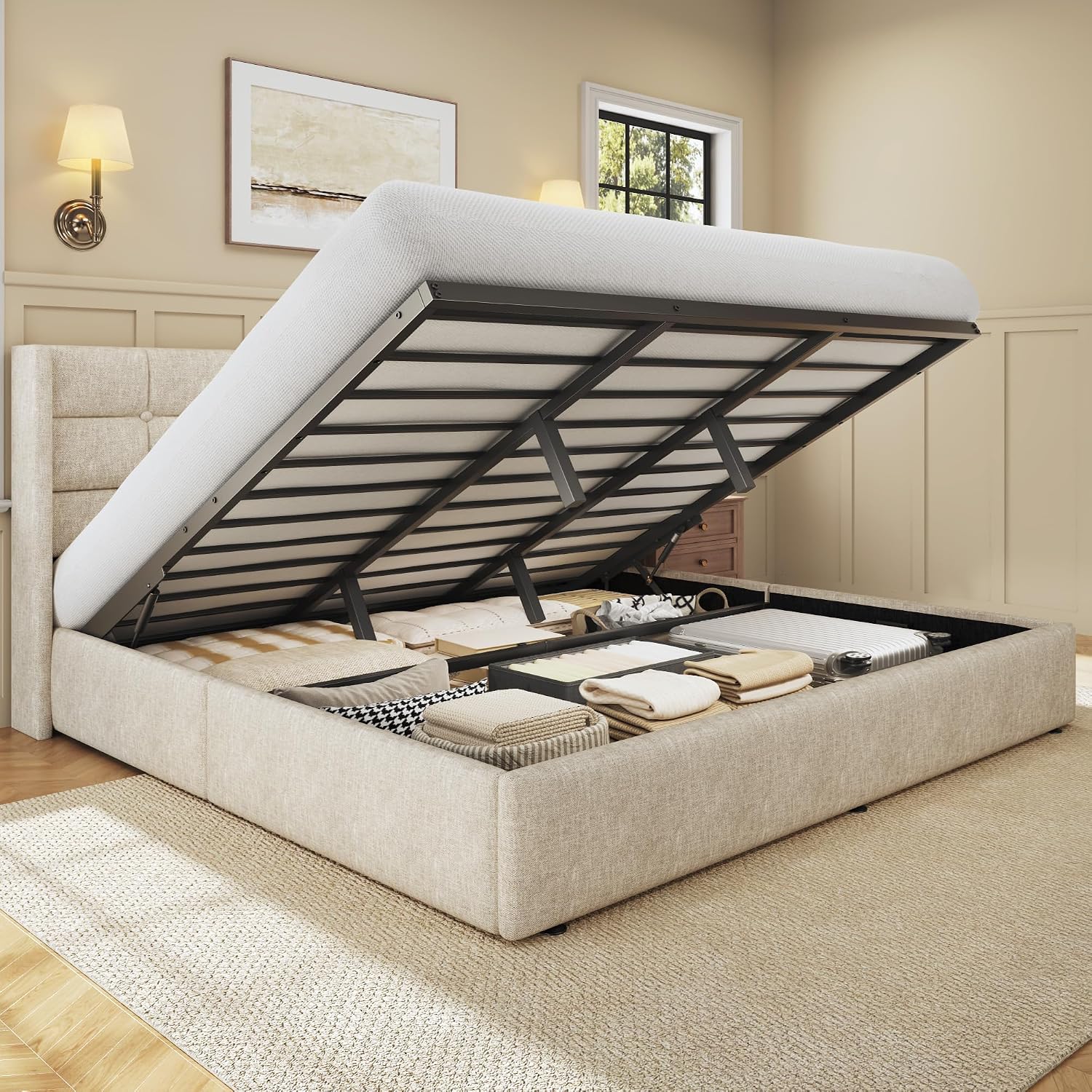 킹사이즈 리프트 수납형 침대 프레임, 윙백 헤드보드가  - Gas Lift Storage Bed Hydraulic 리뷰 및 가격