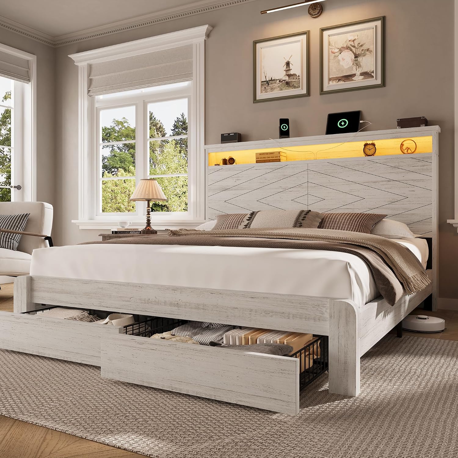 킹사이즈 원목 플랫폼 침대 프레임 (헤드보드 포함) | - King Size Bed Frame With Storage Drawers 리뷰 및 가격